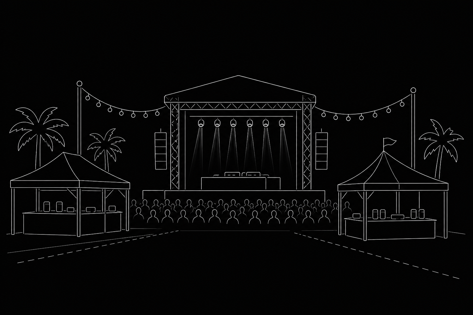 Festival POS — line drawing of an outdoor festival main stage with vendor tents