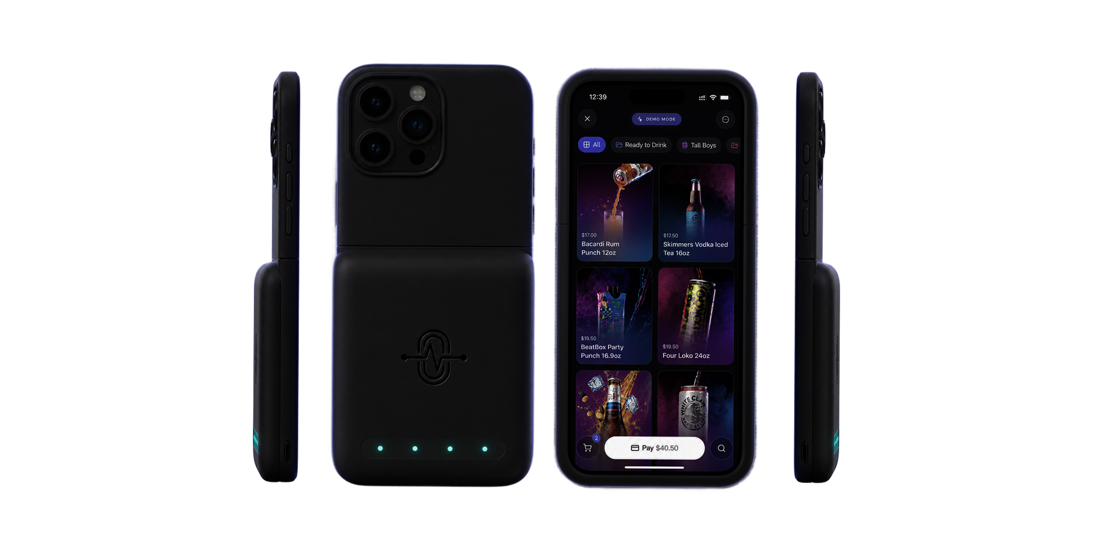 Zerobeat Register on an iPhone in a Zerobeat case, showing a festival drinks menu