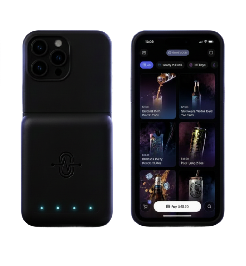 Zerobeat POS hardware and mobile app — card reader and iPhone showing the festival menu